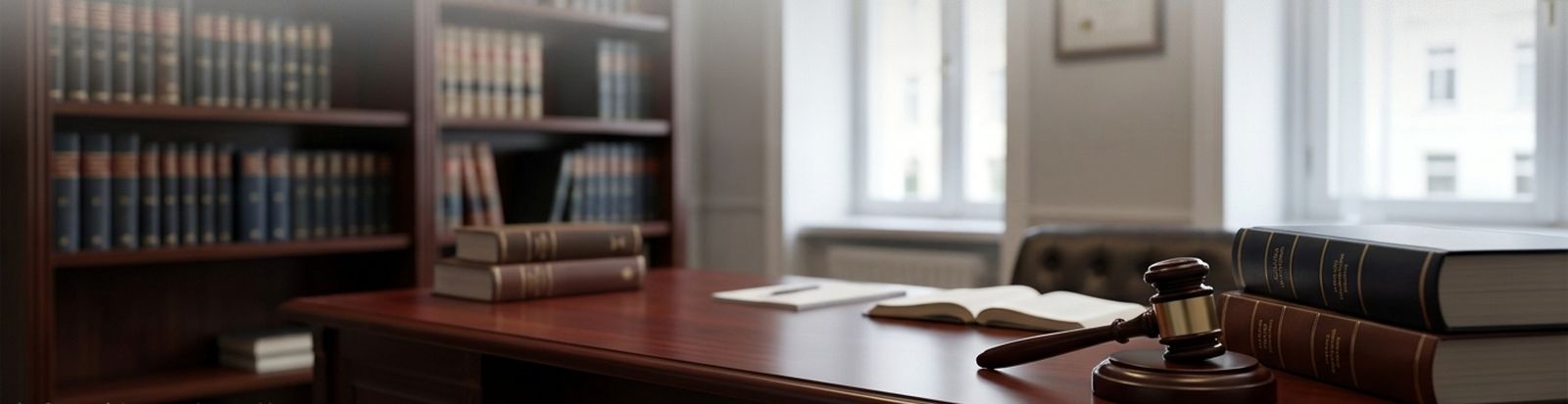 Escritório de advocacia com estante de livros jurídicos e mesa de trabalho